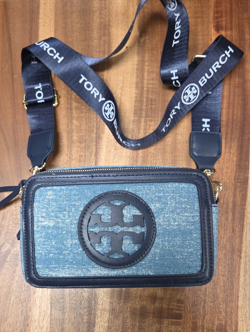 Tory Burch Denim Crossbody with Black Logo Trim